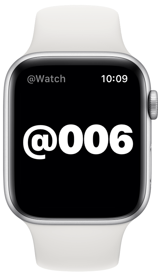 Photograph of Apple Watch running @Watch, showing the time is 10:09, and the internet time is @006